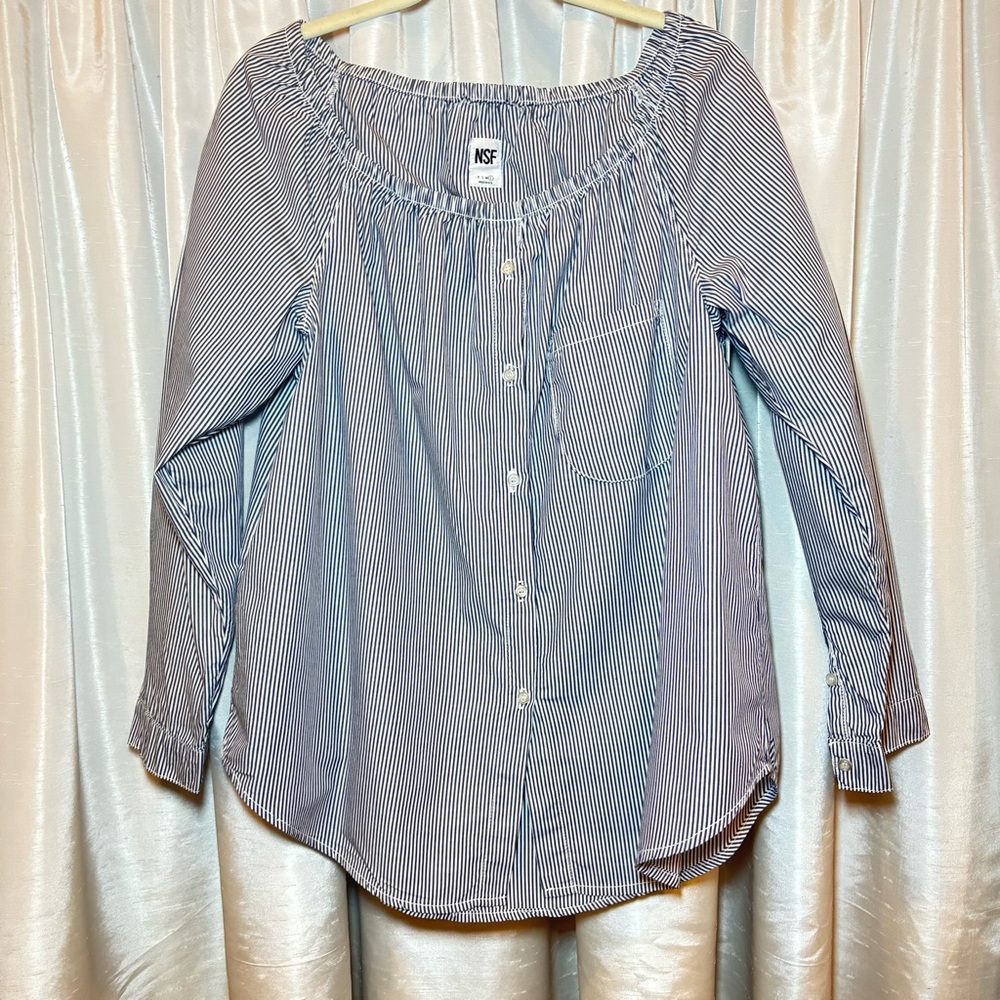 NSF Women's Navy Pinstripe Button Down Off Shoulder Shirt, 100% cotton, Large